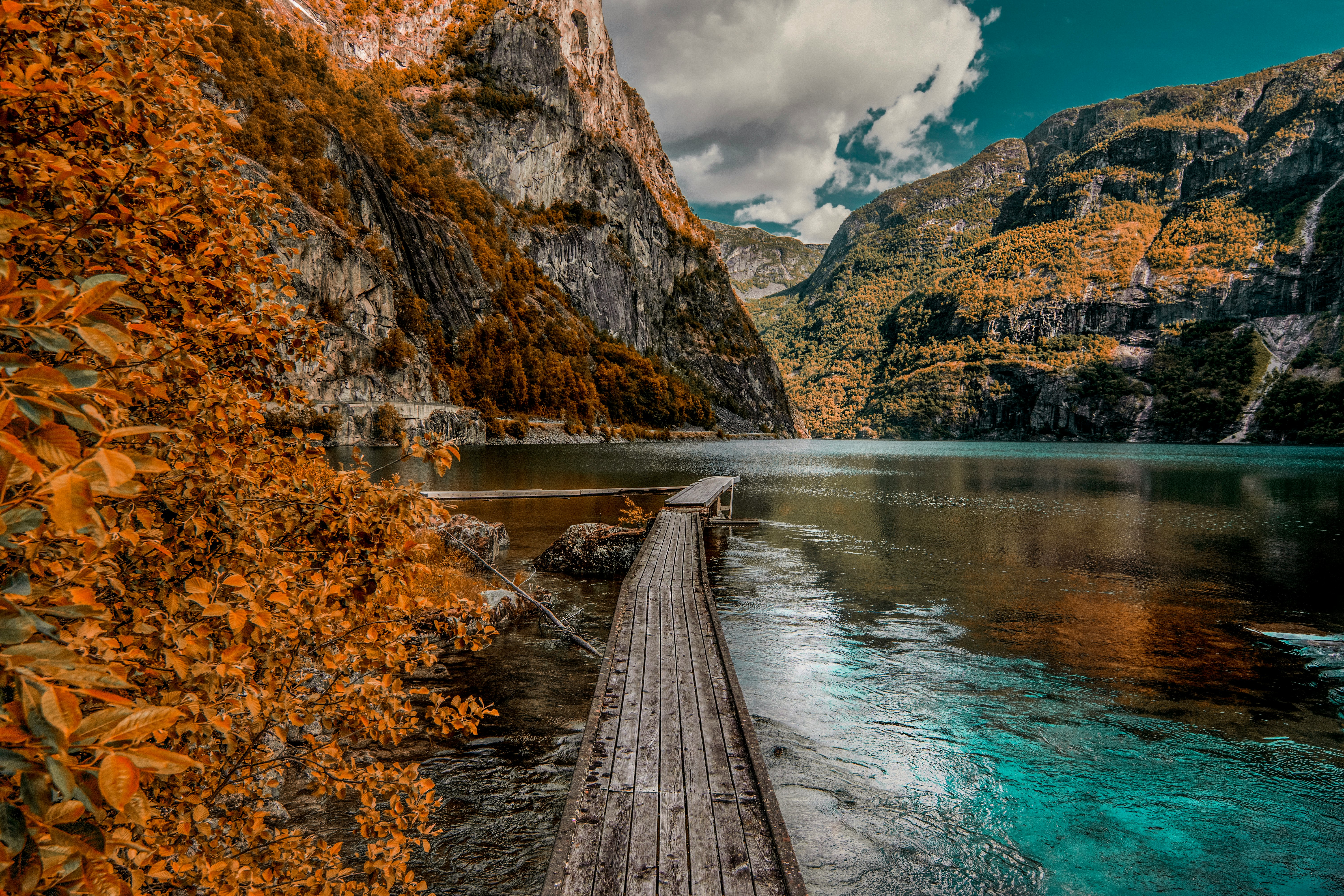 brown wooden dock near mountain during daytime